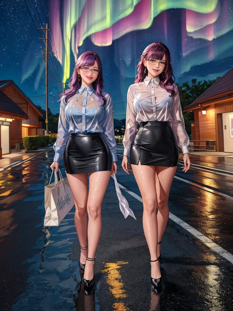 office lady, high resolution, Masterpiece, Anatomically correct, Highly detailed, realistic textures, blushing, dark purple hair, , big breasts, BIG ASS, woman is walking on street, night sky, aurora and stars background, deep blue shirt, black short skirt, full body, pink lips, sexy lady, rain, shadow on the road, light on electricity post, Wet shirt, diamond eyes, wear black stocking, long hair, realistic textures, high resolutionสุด, very detailed, quality, ตาสีฟ้า, ยิ้ม, รอยยิ้มบางๆ, ปัดแก้มอ่อนๆ, จ้องมอง, diamond eyes, มองที่ผู้ชม, close-fiting, wear eyeglasses, wear gray suit, ผมลอนธรรมชาติ, ผมยาวมากๆ, 