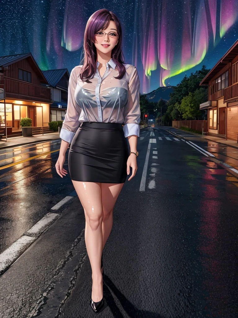 office lady, high resolution, Masterpiece, Anatomically correct, Highly detailed, realistic textures, blushing, dark purple hair, , big breasts, BIG ASS, woman is walking on street, night sky, aurora and stars background, deep blue shirt, black short skirt, full body, pink lips, sexy lady, rain, shadow on the road, light on electricity post, Wet shirt, diamond eyes, wear black stocking, long hair, realistic textures, high resolutionสุด, very detailed, quality, ตาสีฟ้า, ยิ้ม, รอยยิ้มบางๆ, ปัดแก้มอ่อนๆ, จ้องมอง, diamond eyes, มองที่ผู้ชม, close-fiting, wear eyeglasses, wear gray suit, ผมลอนธรรมชาติ, ผมยาวมากๆ, 