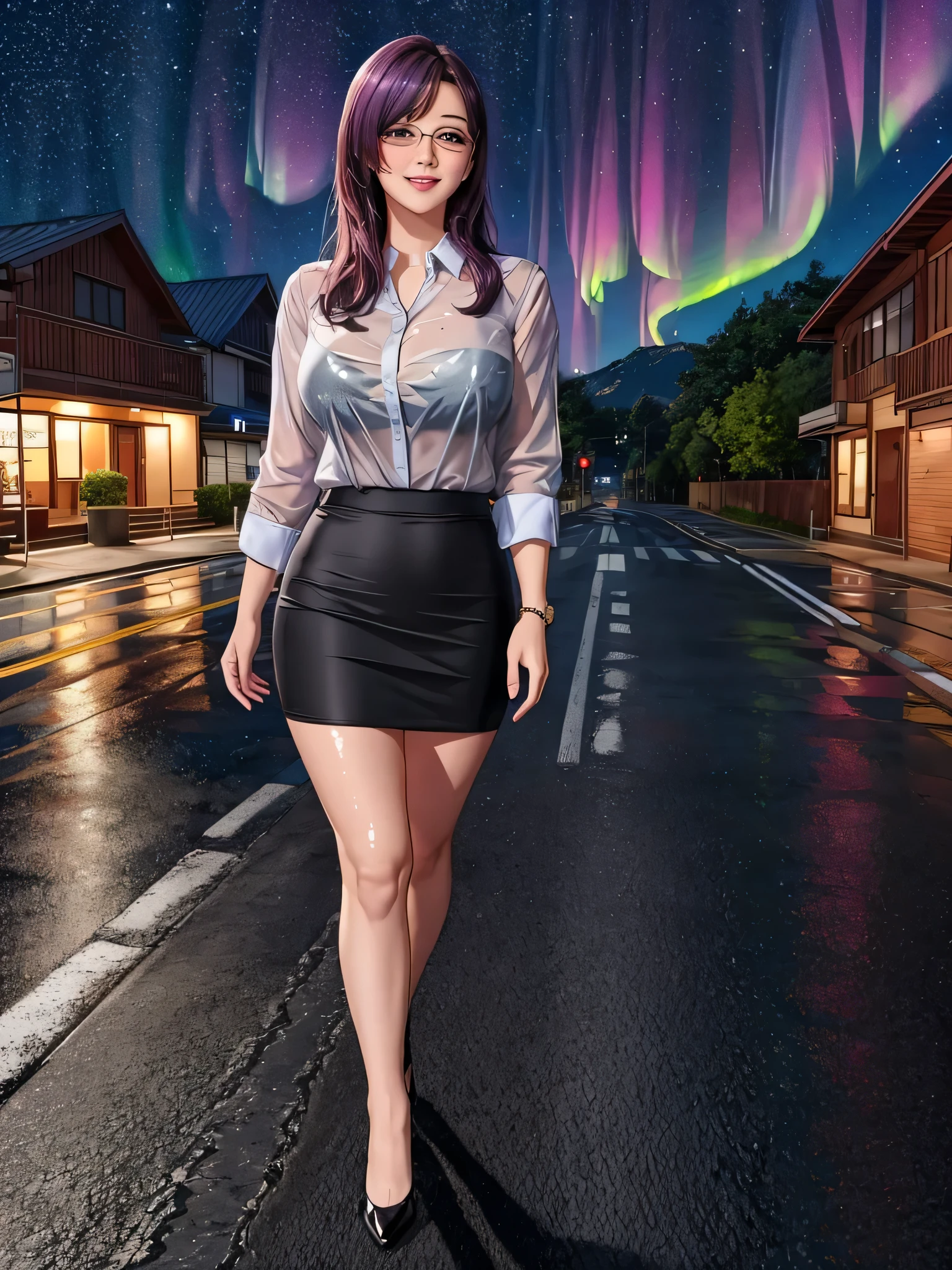 office lady, high resolution, Masterpiece, Anatomically correct, Highly detailed, realistic textures, blushing, dark purple hair, , big breasts, BIG ASS, woman is walking on street, night sky, aurora and stars background, deep blue shirt, black short skirt, full body, pink lips, sexy lady, rain, shadow on the road, light on electricity post, Wet shirt, diamond eyes, wear black stocking, long hair, realistic textures, high resolutionสุด, very detailed, quality, ตาสีฟ้า, ยิ้ม, รอยยิ้มบางๆ, ปัดแก้มอ่อนๆ, จ้องมอง, diamond eyes, มองที่ผู้ชม, close-fiting, wear eyeglasses, wear gray suit, ผมลอนธรรมชาติ, ผมยาวมากๆ, 