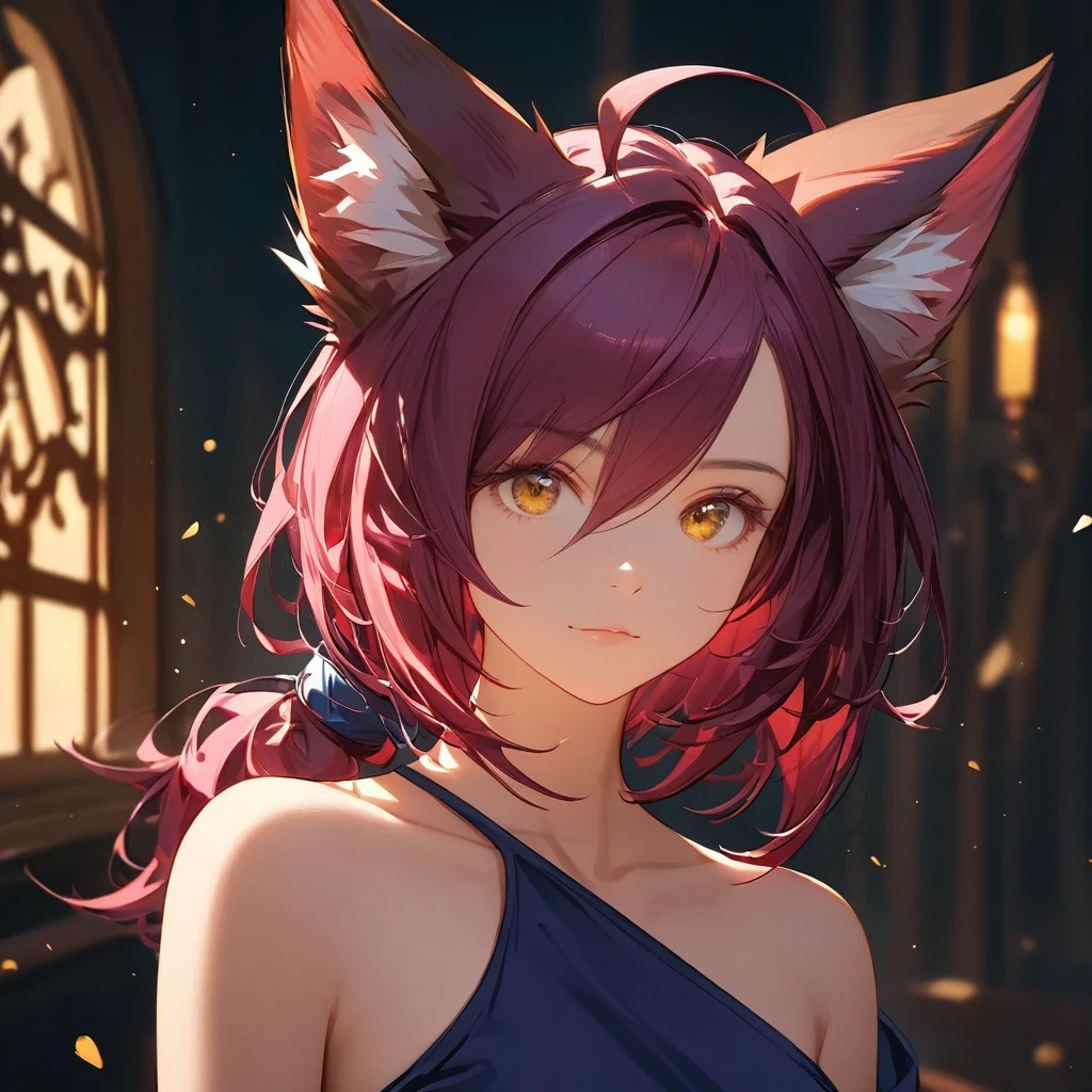 xayah,Camiseta,  orelhas de animais, olhos amarelos, alça_vestido, Retrato, esplêndido, cabelo por cima do ombro, sem capuz, lindo, 4K, alto_Definição, detalhado,