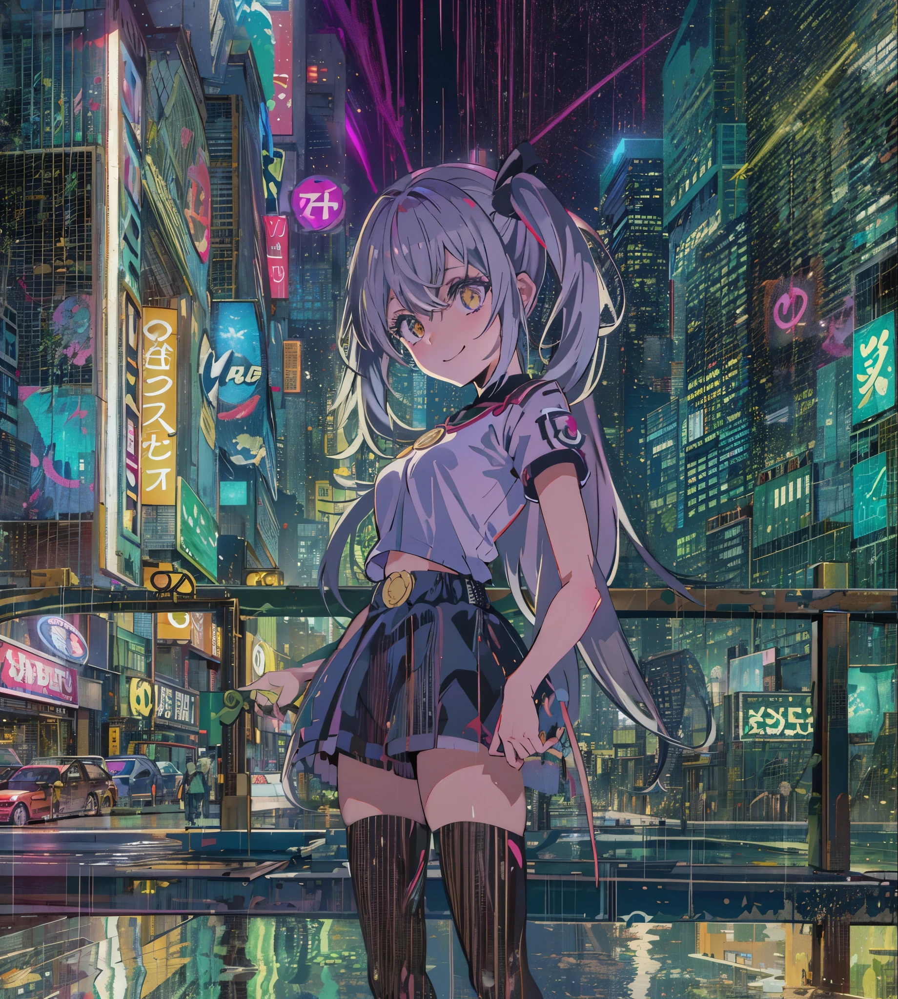 night, Colorful Cyberpunk City Background, rain, two , nanakusa nazuna, 1, chest, Cut-out neckline, Clothing cutouts, Crop top, Shadow, dam, Gradient Hair, Silver Hair, Twin tails,Hair Ring, Jacket, Watching the audience, compensate, belly button, Open your mouth, Shadow vermelha, shirt, Shorts, No sleeve, No sleeveタートルネック, manga top de colheita de High throat, chest pequenos, alone, Stomach, High throat, topo de colheita de High throat, Two-tone hair,I can see clearly, Bright Eyes, Black socks, バックLight付き, Shine, Audience Survey, Low angle lens, Looking up at the lens, Perfect composition, delicadeza perfeita de luz e Shadow, 8k,One girl,Long Hair,only_arms,Outdoor,our,Light_With a smile,High resolution, 