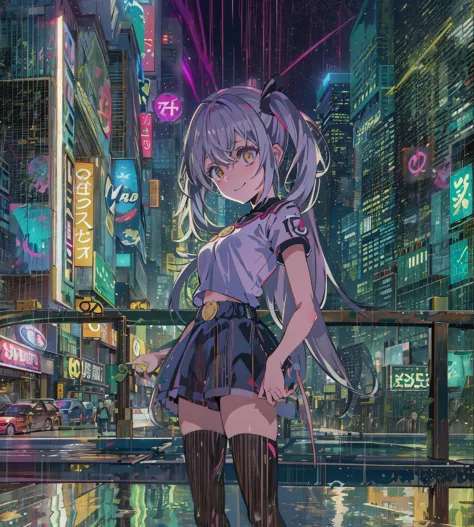 night, Colorful Cyberpunk City Background, rain, two , nanakusa nazuna, 1, chest, Cut-out neckline, Clothing cutouts, Crop top, ...