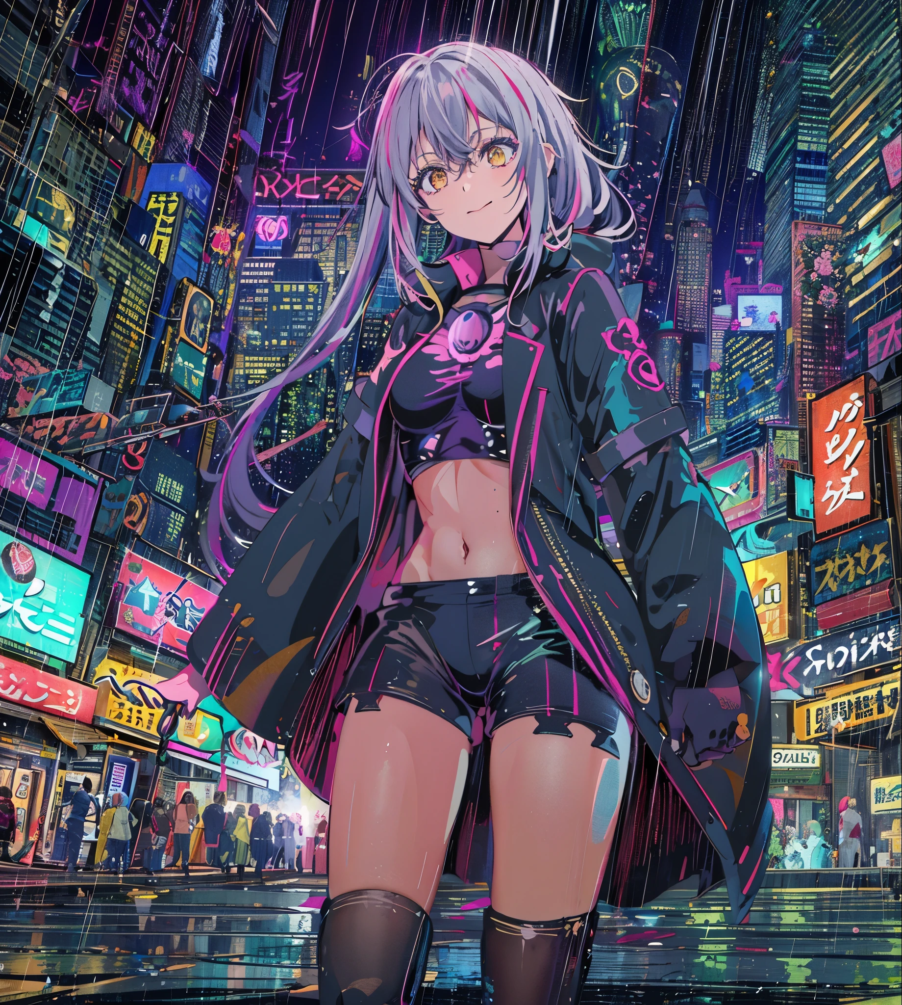 noite, Fundo colorido da cidade cyberpunk, chuva, dois , nanakusa nazuna, 1, Peito, decote recortado, recortes de roupas, corte superior, sombra, dam, Cabelo gradiente, cabelo prateado, Caudas duplas,anel de cabelo, jaqueta, Observando o público, compensar, umbigo, Open ynosso mouth, sombra vermelha, camisa, Shorts, sem manga, sem mangaタートルネック, manga top de colheita de Garganta alta, Peito pequenos, sozinho, Estômago, Garganta alta, topo de colheita de Garganta alta, cabelo em dois tons,Eu posso ver claramente, olhos brilhantes, meias pretas, バックLuz付き, brilhar, Pesquisa de público, Lente de ângulo baixo, olhando para a lente, composição perfeita, delicadeza perfeita de luz e sombra, 8K,Uma garota,cabelo longo,apenas_braços,ar livre,nosso,Luz_com um sorriso,Alta resolução, 