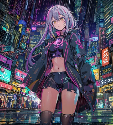 night, Colorful Cyberpunk City Background, rain, two , nanakusa nazuna, 1, chest, Cut-out neckline, Clothing cutouts, Crop top, ...