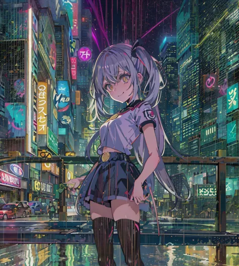 night, Colorful Cyberpunk City Background, rain, two , nanakusa nazuna, 1, chest, Cut-out neckline, Clothing cutouts, Crop top, ...