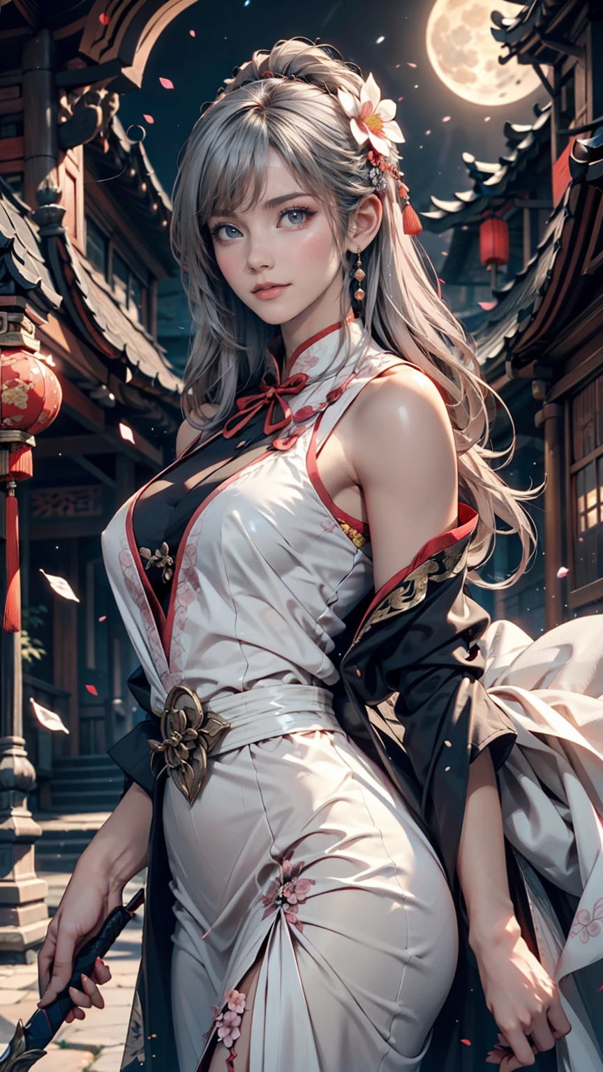 masterpiece, Highest, night, full moon, 1 female, Mature Woman, Chinese style, ancient China, sister, Royal Sister, Cold Face, Expressionless, A woman with long silvery white hair, Pale pink lips, Calm, intellectual, Three belts, Gray Hitomi, assassin, dagger, Flower ball background, Street view