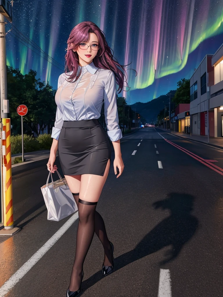 office lady, high resolution, Masterpiece, Anatomically correct, Highly detailed, realistic textures, blushing, dark purple hair, , big breasts, BIG ASS, woman is walking on street, night sky, aurora and stars background, deep blue shirt, black short skirt, full body, pink lips, sexy lady, rain, shadow on the road, light on electricity post, Wet shirt, diamond eyes, wear black stocking, long hair, realistic textures, high resolutionสุด, very detailed, quality, ปัดแก้มอ่อนๆ, จ้องมอง, มองที่ผู้ชม, close-fiting, wear eyeglasses, wear gray suit, ผมลอนธรรมชาติ, ผมยาวมากๆ, NSFW、Colorful light lighting、sharp focus、fine skin、 highest quality、Ultra - High resolution、Super high resolution、Highly detailed CG、theme,full body shot, beautiful blue eyes、(Detailed face and iace:1 2)、Clean pupils、almond eye), (gross、glossy lips、 size) 、(oval face : 1.4)、(thin fingers、fine arms、detailed human hand)、laughter