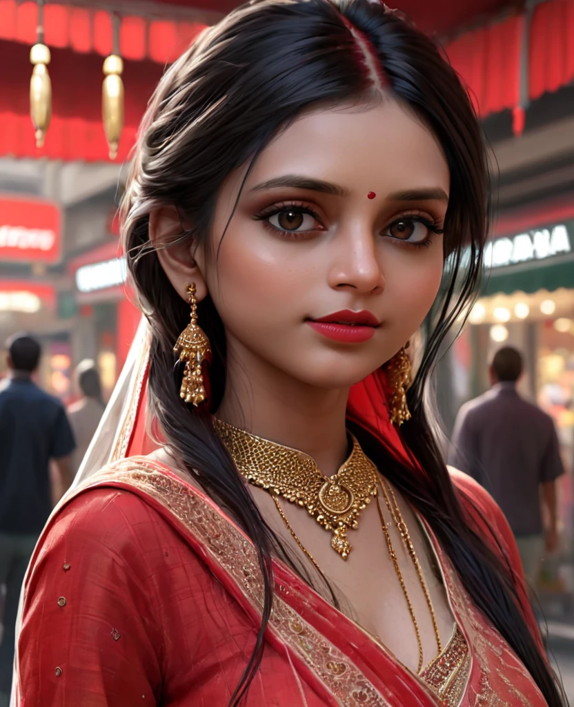 best quality, hyperrealism, hyper detailed, cinema 4k, hyperrealism, beautiful, photorealistic, (ultra wide shot:1.2), (unreal engine:1.1), (8k resolution:1.2),, masterpiece , ((Indian wife)) crimson red lips, hairs Long and Straight, hand on hip, black hair, sexiness, walking inside mall  