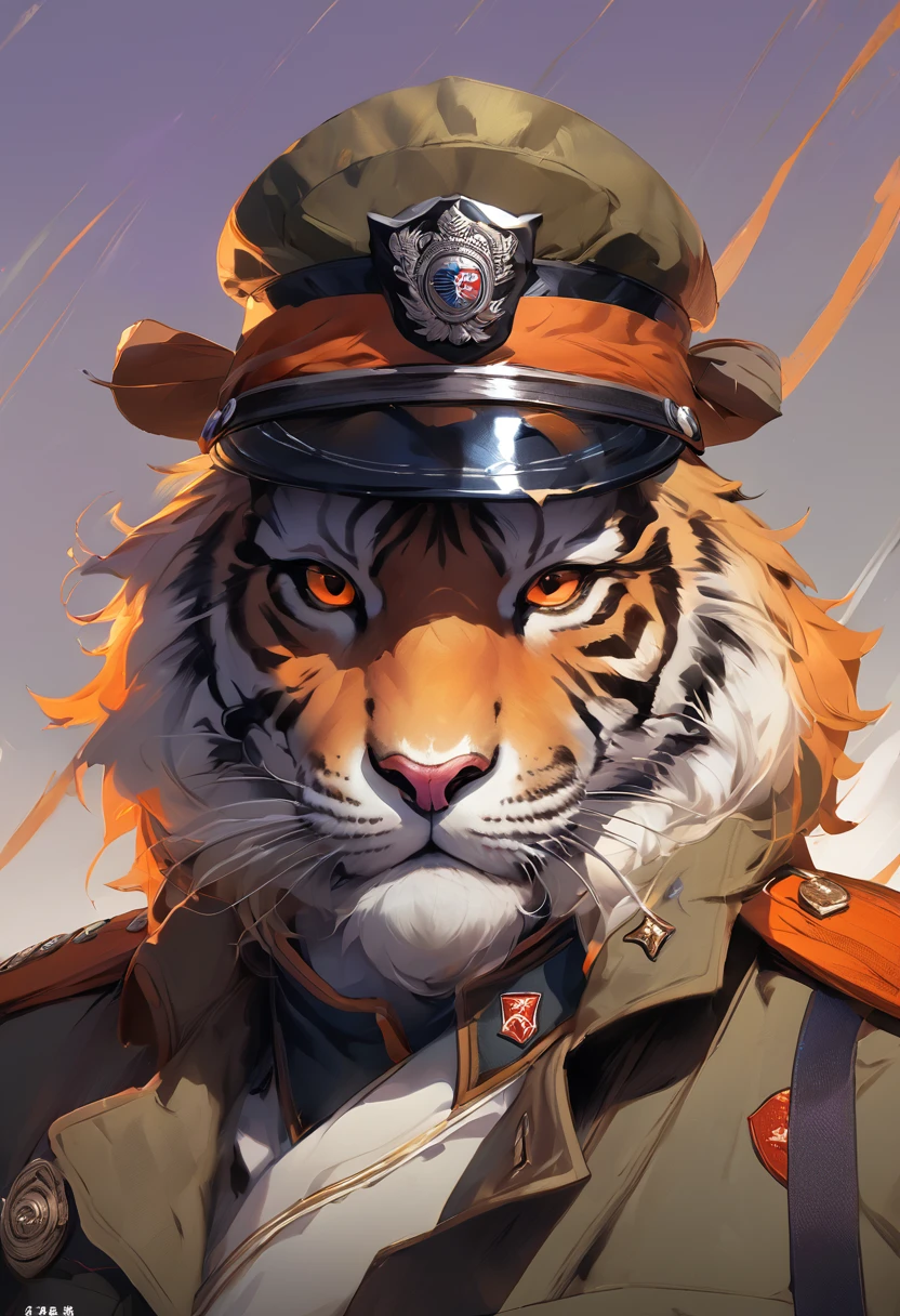 individual、male、Xiao thought、{Middle-aged and elderly}、individual、strong、hairy、Low saturation、tiger、military uniform、orange color、Brown stripes、Purple Eyes、bust