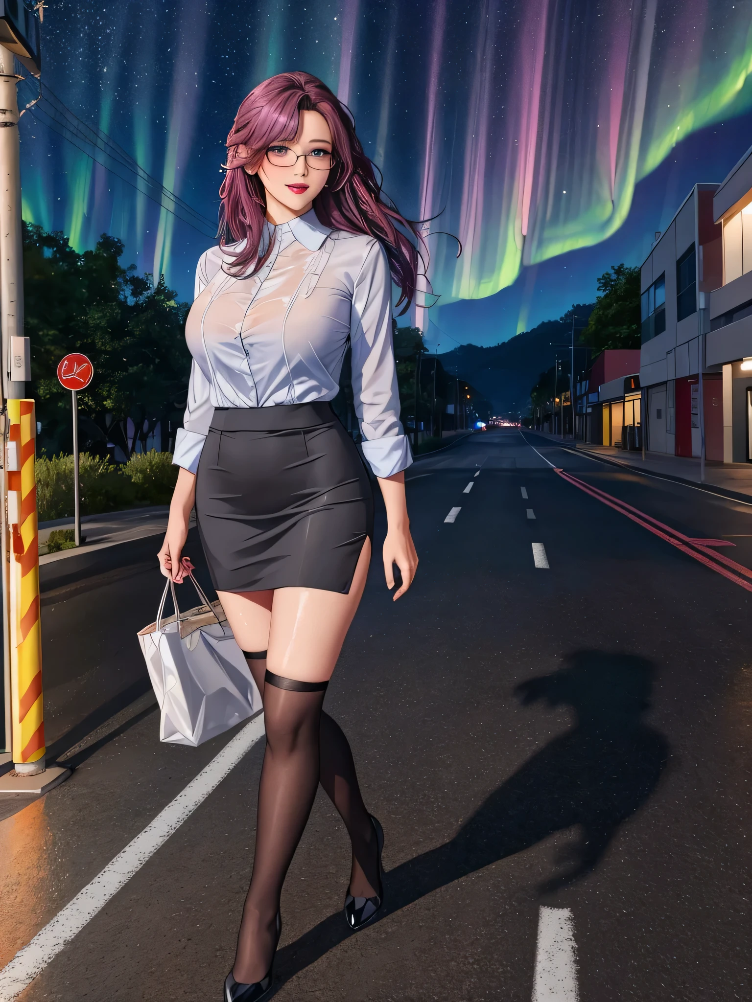 office lady, high resolution, Masterpiece, Anatomically correct, Highly detailed, realistic textures, blushing, dark purple hair, , big breasts, BIG ASS, woman is walking on street, night sky, aurora and stars background, deep blue shirt, black short skirt, full body, pink lips, sexy lady, rain, shadow on the road, light on electricity post, Wet shirt, diamond eyes, wear black stocking, long hair, realistic textures, high resolutionสุด, very detailed, quality, ปัดแก้มอ่อนๆ, จ้องมอง, มองที่ผู้ชม, close-fiting, wear eyeglasses, wear gray suit, ผมลอนธรรมชาติ, ผมยาวมากๆ, NSFW、Colorful light lighting、sharp focus、fine skin、 highest quality、Ultra - High resolution、Super high resolution、Highly detailed CG、theme,full body shot, beautiful blue eyes、(Detailed face and iace:1 2)、Clean pupils、almond eye), (gross、glossy lips、 size) 、(oval face : 1.4)、(thin fingers、fine arms、detailed human hand)、laughter