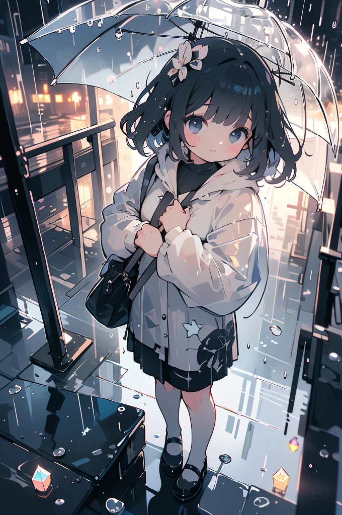 Angle looking down from above,Girl holding an umbrella on a rainy day,Woman facing the front with her whole body,Delicate Makeup,closes mouth,Black eyes,Half-up hair with short bangs,Hair color is a light beige gradient,Clutching a large plastic umbrella in a rain-soaked crystal clear blue color,Reflecting the rain-soaked cityscape,