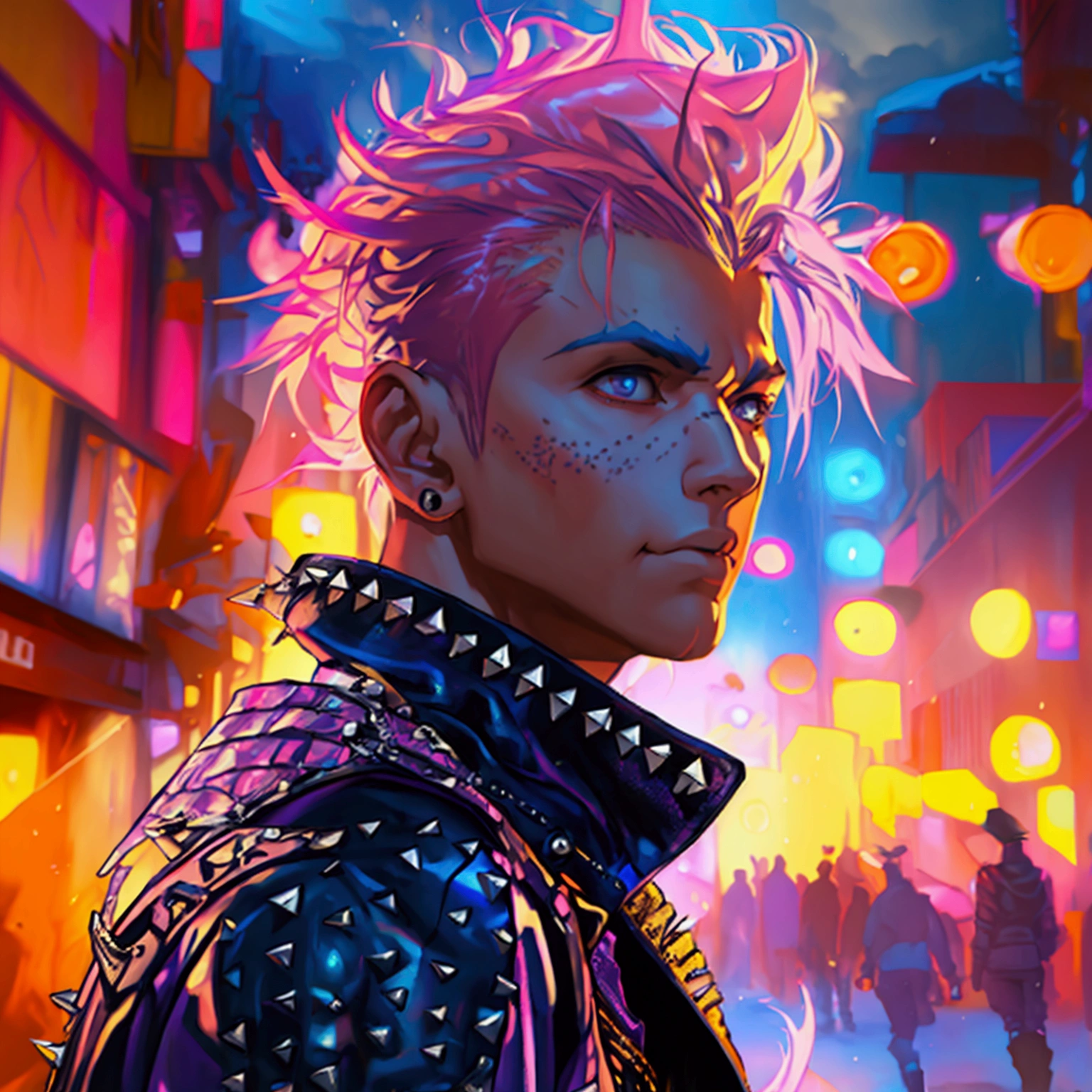 a young male with a pink and blue colored undercut, punk leather jacket with metal spikes, fingerless gloves, purple snakeskin pants, cowboy boots, detailed facial features, cinematic lighting, dramatic atmosphere, hyper-realistic, award-winning concept art, digital painting, 8k, HDR