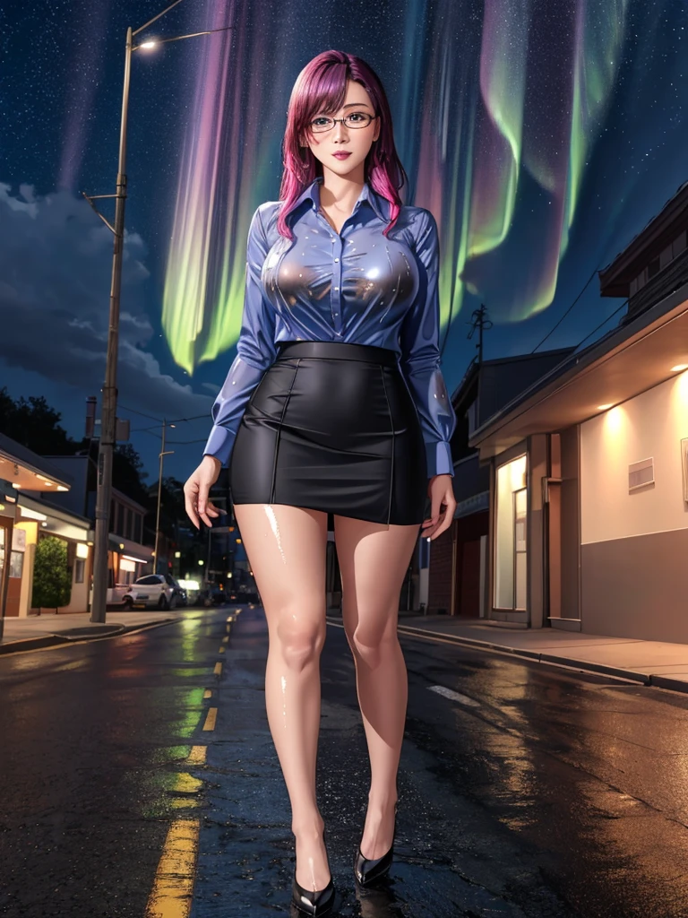 office lady, high resolution, Masterpiece, Anatomically correct, Highly detailed, realistic textures, blushing, dark purple hair, , big breasts, BIG ASS, woman is walking on street, night sky, aurora and stars background, deep blue shirt, black short skirt, full body, pink lips, sexy lady, rain, shadow on the road, light on electricity post, Wet shirt, wear black stocking, long hair, realistic textures, high resolutionสุด, very detailed, quality, ปัดแก้มอ่อนๆ, จ้องมอง, มองที่ผู้ชม, close-fiting, wear eyeglasses, wear gray suit, NSFW、Colorful light lighting、sharp focus、fine skin、 highest quality、Ultra - High resolution、Super high resolution、Highly detailed CG、theme,full body shot, beautiful blue eyes、(Detailed face and iace:1 2)、Clean pupils、almond eye), (gross、glossy lips、 size) 、(oval face : 1.4)、(thin fingers、fine arms、detailed human hand)、laughter, มัดผม, ผมยาวมากๆ,