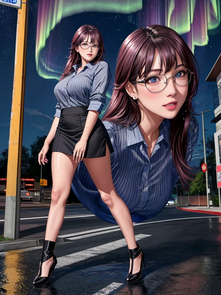 office lady, high resolution, Masterpiece, Anatomically correct, Highly detailed, realistic textures, blushing, dark purple hair, , big breasts, BIG ASS, woman is walking on street, night sky, aurora and stars background, deep blue shirt, black short skirt, full body, pink lips, sexy lady, rain, shadow on the road, light on electricity post, Wet shirt, wear black stocking, long hair, realistic textures, high resolutionสุด, very detailed, quality, ปัดแก้มอ่อนๆ, จ้องมอง, มองที่ผู้ชม, close-fiting, wear eyeglasses, wear gray suit, NSFW、Colorful light lighting、sharp focus、fine skin、 highest quality、Ultra - High resolution、Super high resolution、Highly detailed CG、theme,full body shot, beautiful blue eyes、(Detailed face and iace:1 2)、Clean pupils、almond eye), (gross、glossy lips、 size) 、(oval face : 1.4)、(thin fingers、fine arms、detailed human hand)、laughter, มัดผม, ผมยาวมากๆ,