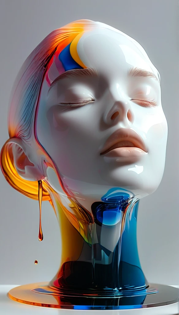 graphic design，Big black canvas，Sense of space，White Space，1 colored glass transparent 3D portrait sculpture，Bottom flow melting，Facial Luminescence Line，simple，Minimalism，beautiful girl，Soft and elegant colors，，Dark background，Luminescence