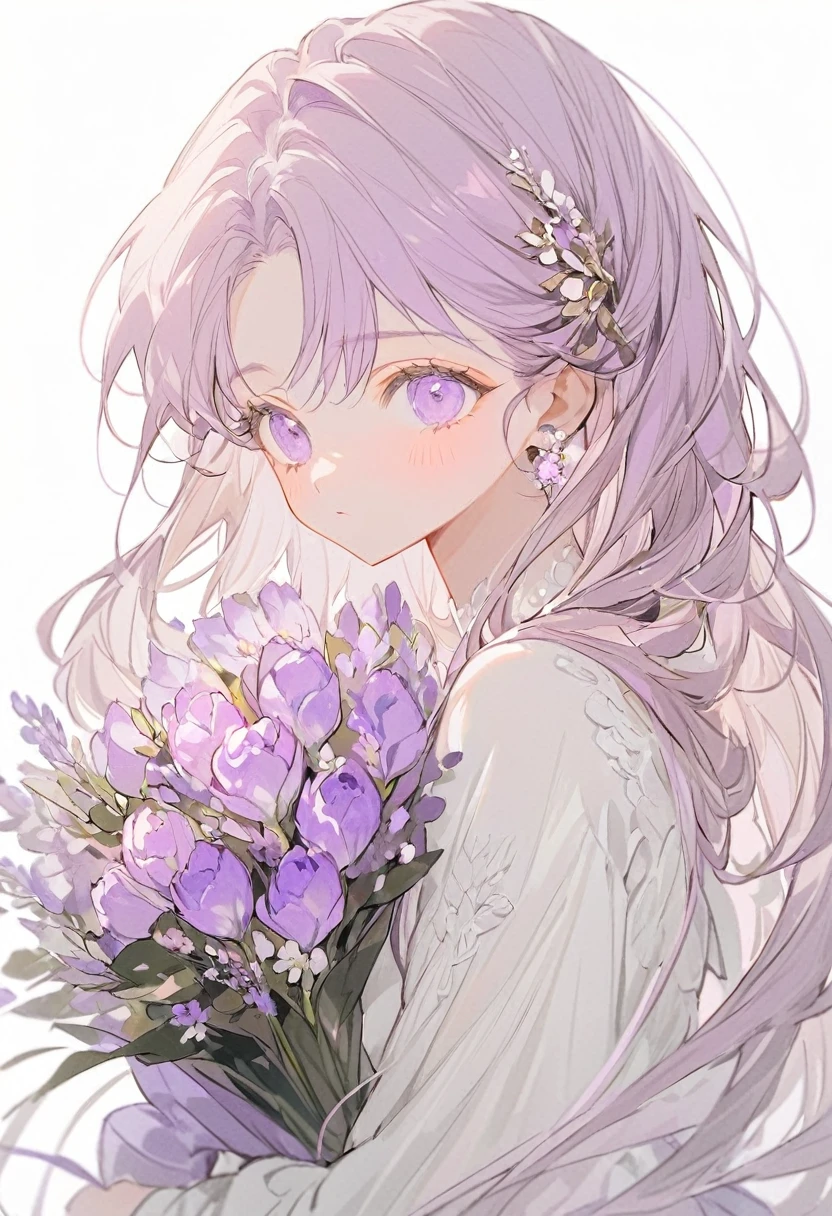 Soft lines、girl、Light purple、((((hold Light purple Bouquet))))、💐💐💐💐💐💐💐💐💐💐💐、Upper Body、Long Hair、White Dress、White Background、front、look at me