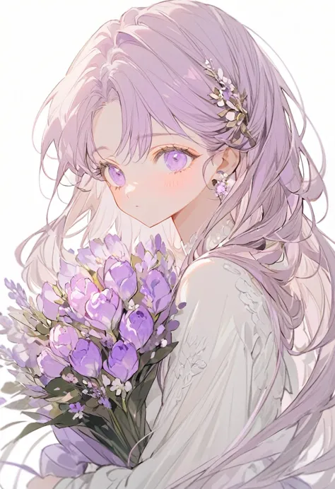 soft lines、girl、light purple、((((hold light purple bouquet))))、💐💐💐💐💐💐💐💐💐💐💐、upper body、long hair、white dress、white background、fro...