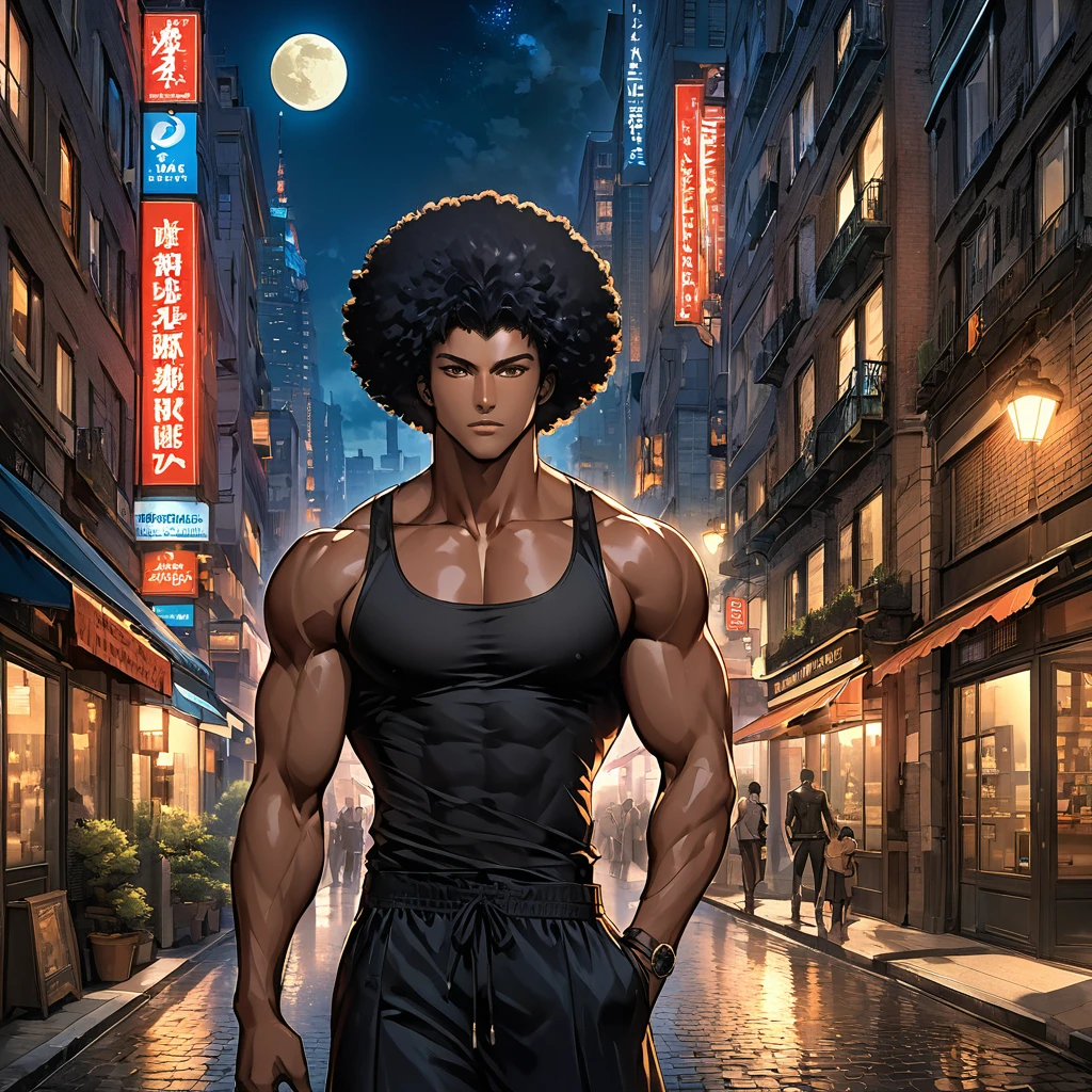 > ((homme noir type americain))  jeune homme afro americain, cheveux noire loxé, portant un debardeur et une culotte, yeux marrons, belle musculature âgé d'environ 32ans , debout au milieux de la ville un soir de pleine lune sous les grands bulding de new york 