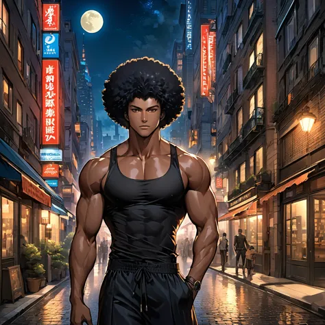 > ((homme noir type americain))  jeune homme afro americain, cheveux noire loxé, portant un debardeur et une culotte, yeux marro...