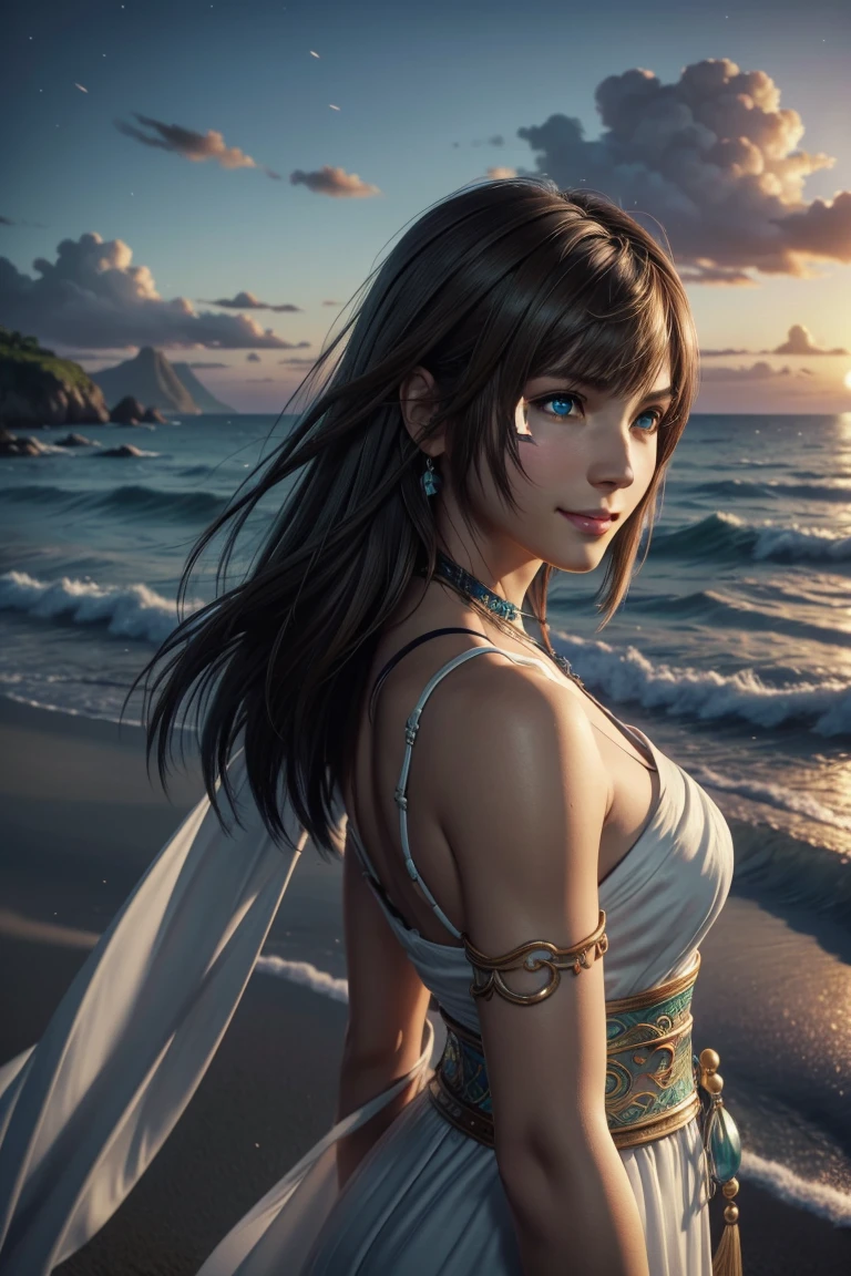 The best one,Yuna,Final Fantasy 10,FF10,Medium Hair,Brown hair,Let your bangs down,Beautiful green and blue odd eyes,,Beautiful and tall nose,Photorealistic,Ultra HD,high quality,masterpiece,Digital SLR,Detailed details,Intricate details,Anatomical basis,Depicted in detail,A detailed face,Realistic skin texture,Vivid details,Perfect Anatomy,Perfect Anatomy,Anatomically correct hand,Anatomically correct fingers,Super Detail,Complex 3D rendering,Huge ,Sexy pose,Final Fantasy 10の美しい世界,White long dress,Beautiful sunset,Beautiful beach at sunset,Fantastic beaches,Fantasy worldview,Picturesque,Pink Lips,smile,