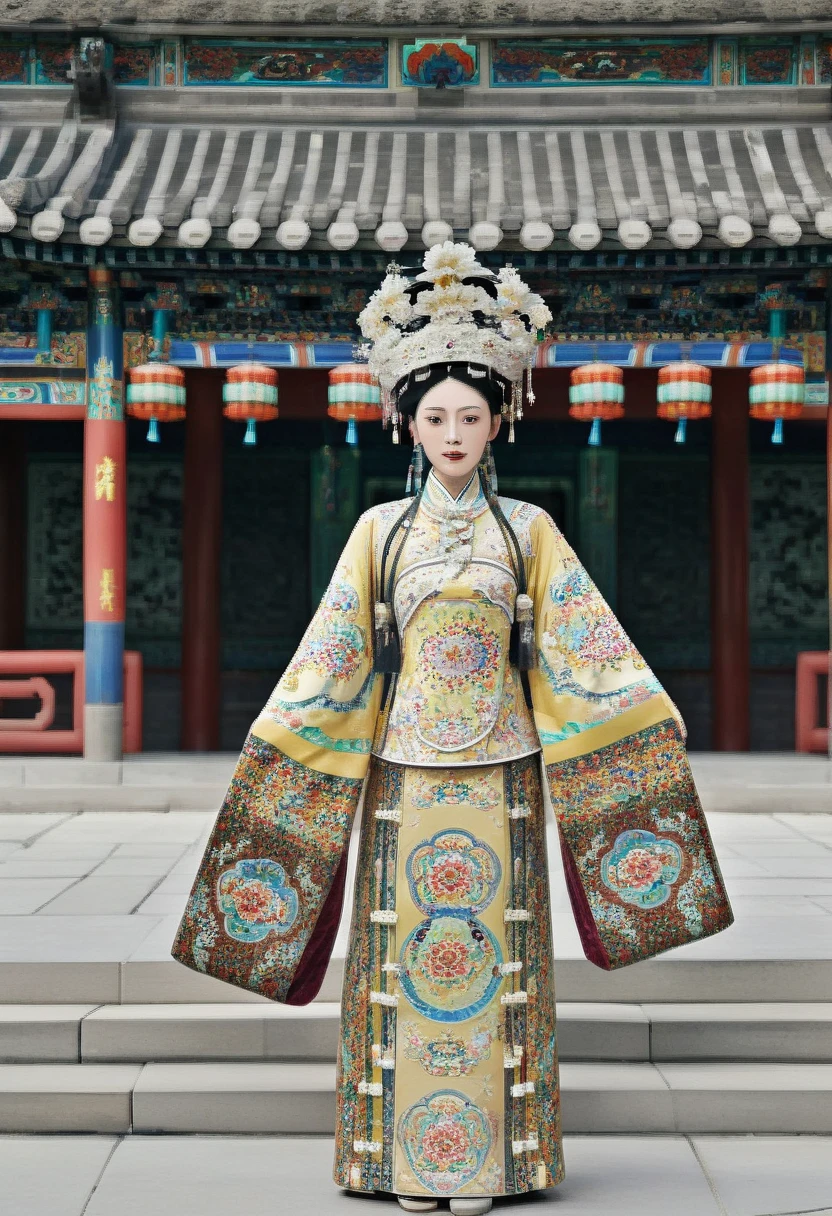 A naked picture of the empress of the Qing dynasty in China, standing in front of the camera, showing her large breasts, hairy abdomen, and pubic hair.、
Her hair is tied up and pulled up with a gorgeous flower ornament on both sides.、Chinese style Qing Dynasty empress crown background on stone pavement outside the Chinese palace of the Qing Dynasty