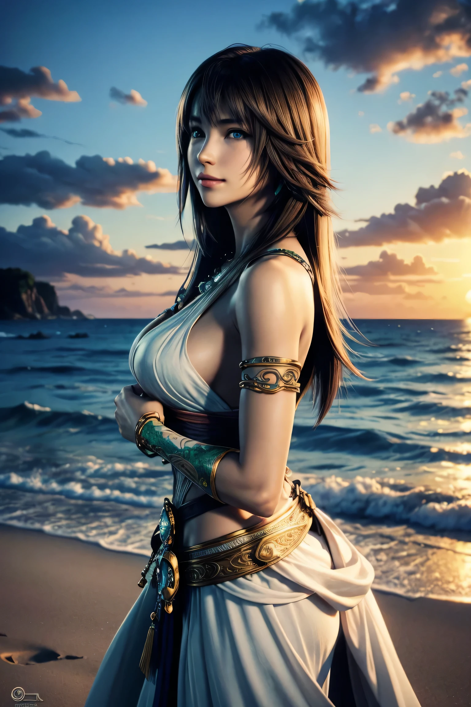 The best one,yuna,Final Fantasy 10,FF10,Medium Hair,Brown hair,Let your bangs down,Beautiful green and blue odd eyes,,Beautiful and tall nose,Photorealistic,ultra HD,high quality,masterpiece,Digital SLR,Detailed details,Intricate details,Anatomical basis,Depicted in detail,A detailed face,Realistic skin texture,Vivid details,Perfect Anatomy,Perfect Anatomy,Anatomically correct hand,Anatomically correct fingers,Super Detail,Complex 3D rendering,Huge ,Sexy pose,The beautiful world of Final Fantasy 10,White long dress,Beautiful sunset,Beautiful beach at sunset,Fantastic beaches,Fantasy worldview,Picturesque,Pink Lips,smile,