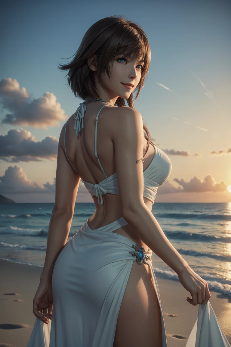 Der Beste,Yuna,Final Fantasy 10,ff10,Mittellanges Haar,braune Haare,Lass deinen Pony herunter,Schöne grüne und blaue seltsame Augen,,Schöne und große Nase,fotorealistisch,Ultra HD,gute Qualität,Meisterwerk,Digital SLR,Detaillierte Details,komplizierte Details,Anatomische Grundlagen,Im Detail dargestellt,Ein detailliertes Gesicht,realistische Hautstruktur,lebendige Details,Perfekte Anatomie,Perfekte Anatomie,Anatomisch korrekte Hand,Anatomisch korrekte Finger,Super Detail,Komplexes 3D-Rendering,riesig ,sexy Pose,Die wunderschöne Welt von Final Fantasy 10,weißes langes Kleid,wunderschöner Sonnenuntergang,Schöner Strand bei Sonnenuntergang,Traumhafte Strände,Fantasy-Weltbild,malerisch,pinke Lippen,lächeln,