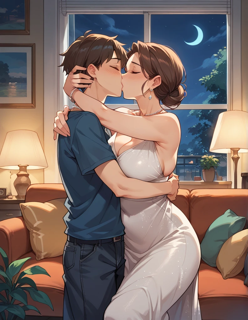 score_9, score_8_up, score_7_up, source_anime, 1boy, 1girl, mature female in a sexy revealing  dress, necklace, mother and son, kid, kissing , romantic, night time, in the living room,  (hugging from behind) 