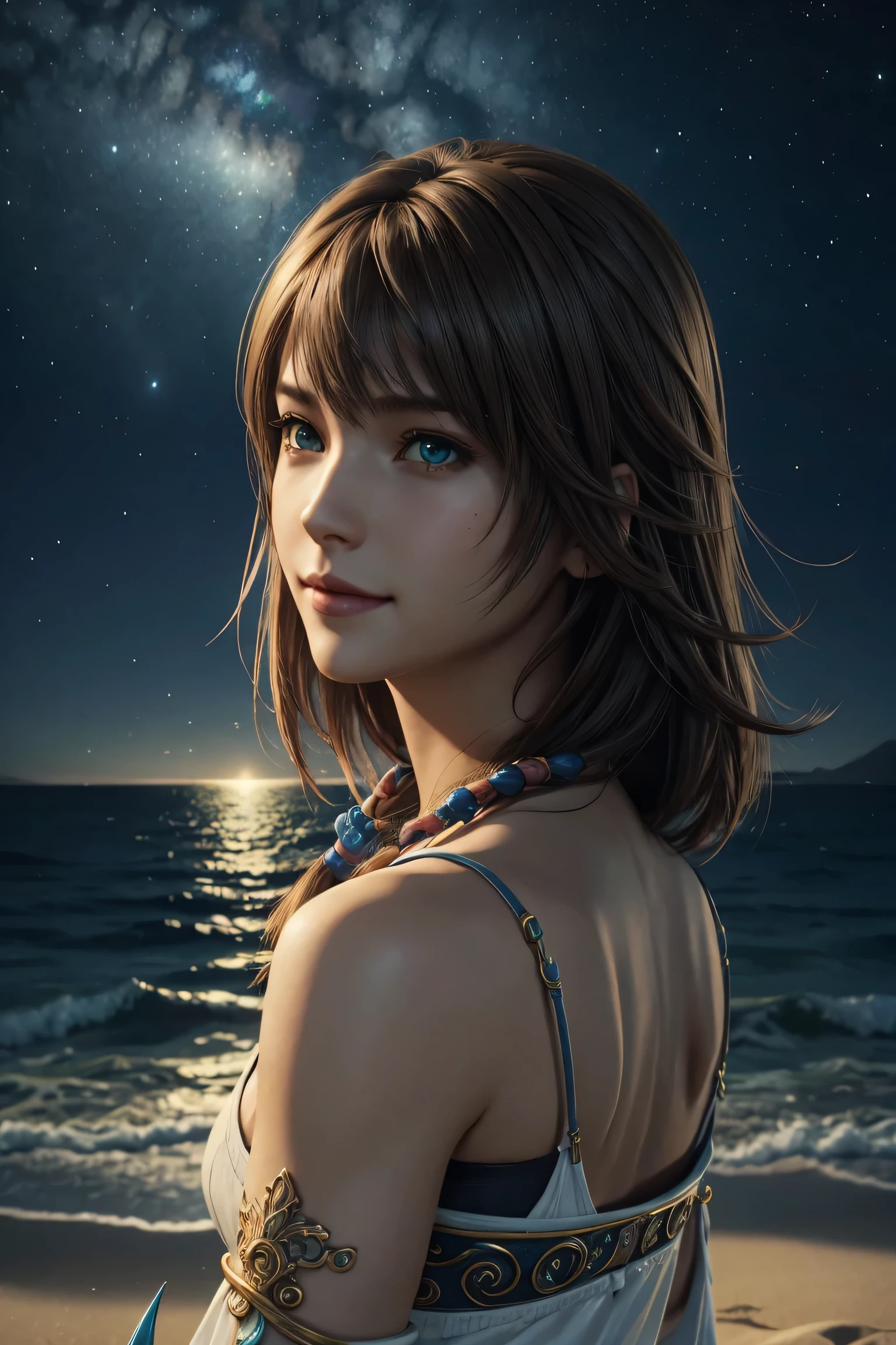 The best one,yuna,Final Fantasy 10,FF10,Medium Hair,Brown hair,Let your bangs down,Beautiful green and blue odd eyes,,Beautiful and tall nose,Photorealistic,ultra HD,high quality,masterpiece,Digital SLR,Detailed details,Intricate details,Anatomical basis,Depicted in detail,A detailed face,Realistic skin texture,Vivid details,Perfect Anatomy,Perfect Anatomy,Anatomically correct hand,Anatomically correct fingers,Super Detail,Complex 3D rendering,Huge ,Sexy pose,The beautiful world of Final Fantasy 10,White long dress,Beautiful night sky,A beach with a beautiful starry sky,Fantastic beaches,Fantasy worldview,Picturesque,Pink Lips,smile,