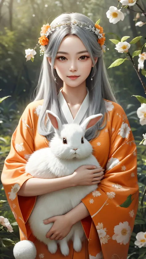 Highest quality, 32K, RAW Photos,  Very detailed, Delicate texture, Silver Hair、
(Holding a cute stuffed rabbit in both hands)(L...