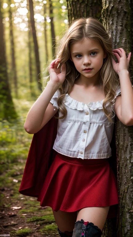 Caperucita roja,hermosos ojos detallados,hermosos labios detallados,ojos y rostro extremadamente detallados,pestañas largas,capa roja,vestido de flores,capucha de lana,fondo del bosque,luz del sol filtrándose a través de los árboles,atmósfera encantada,Ilustración de cuento de hadas,hdr,ultra detallado,Fotorrealista,color vibrante, Hermosa chica sueca, mirada maliciosa ((chica joven, muy joven, )), rubio, Pelo largo y rizado, Piel pálida, delgado, clavícula, pecho plano. en un bosque, ropa salvaje, ((falda muy ajustada)), botas,