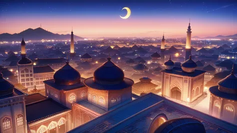 masterpiece, anime cg, best quality,4k, background,mosque, big crescent, bright stars in the sky, at night,ultra detail hair, ul...