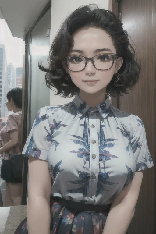 (masterpiece, best quality), beautiful woman, detailed printed blouse, pleated skirt, short wavy hair, glasses, perfect face, beautiful face, alluring, big gorgeous eyes, soft smile, perfect slim fit body, city downtown, kuala lumpur, bright colors