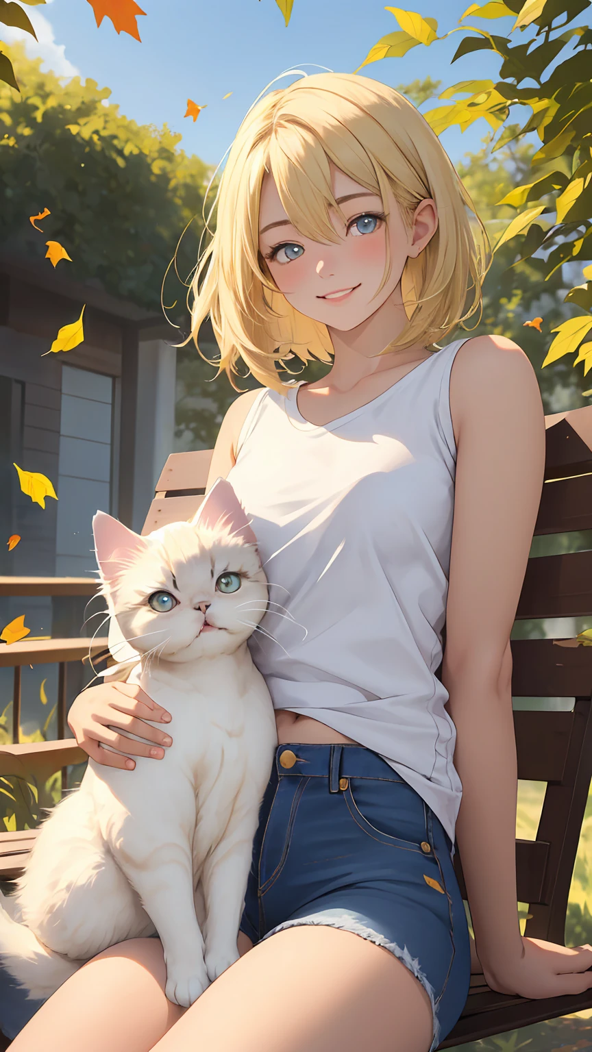 great joy (((blonde teenage girl))) With blue sparkling eyes, I wore shorts, No sleeve ((White top)) Blue and, Aged jeans, She looked at me lovingly with a warm smile (((Persian cat))) sat comfortably on her lap, Ultra-realistic, Birds with leaves falling in the sky, HD Ultra Gloss, 8k