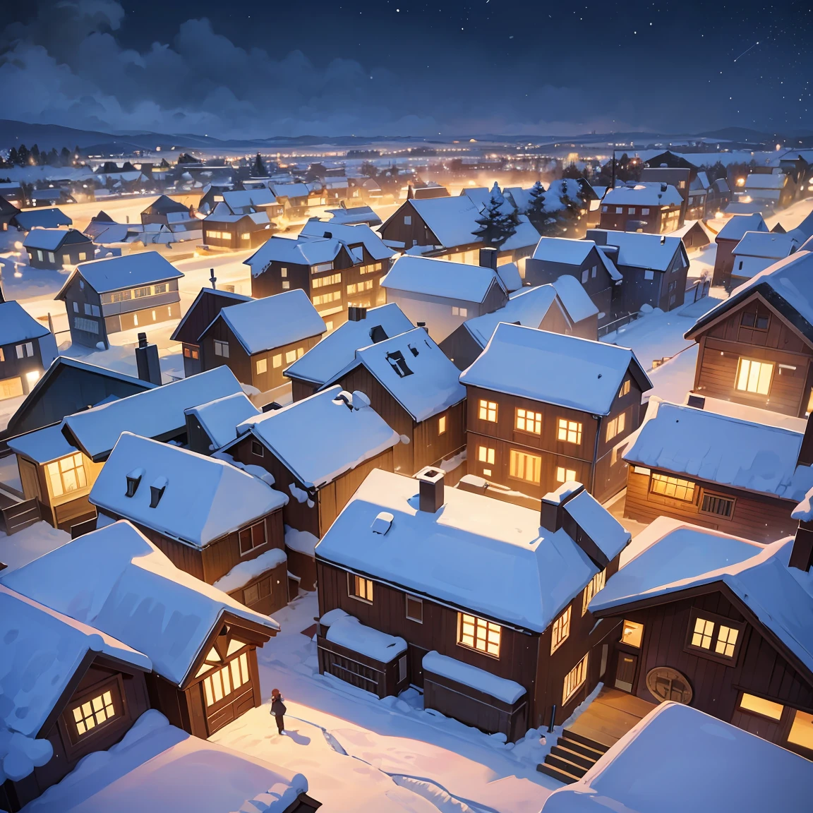 Pueblo cubierto de nieve en invierno, nieve cayendo del cielo, noche