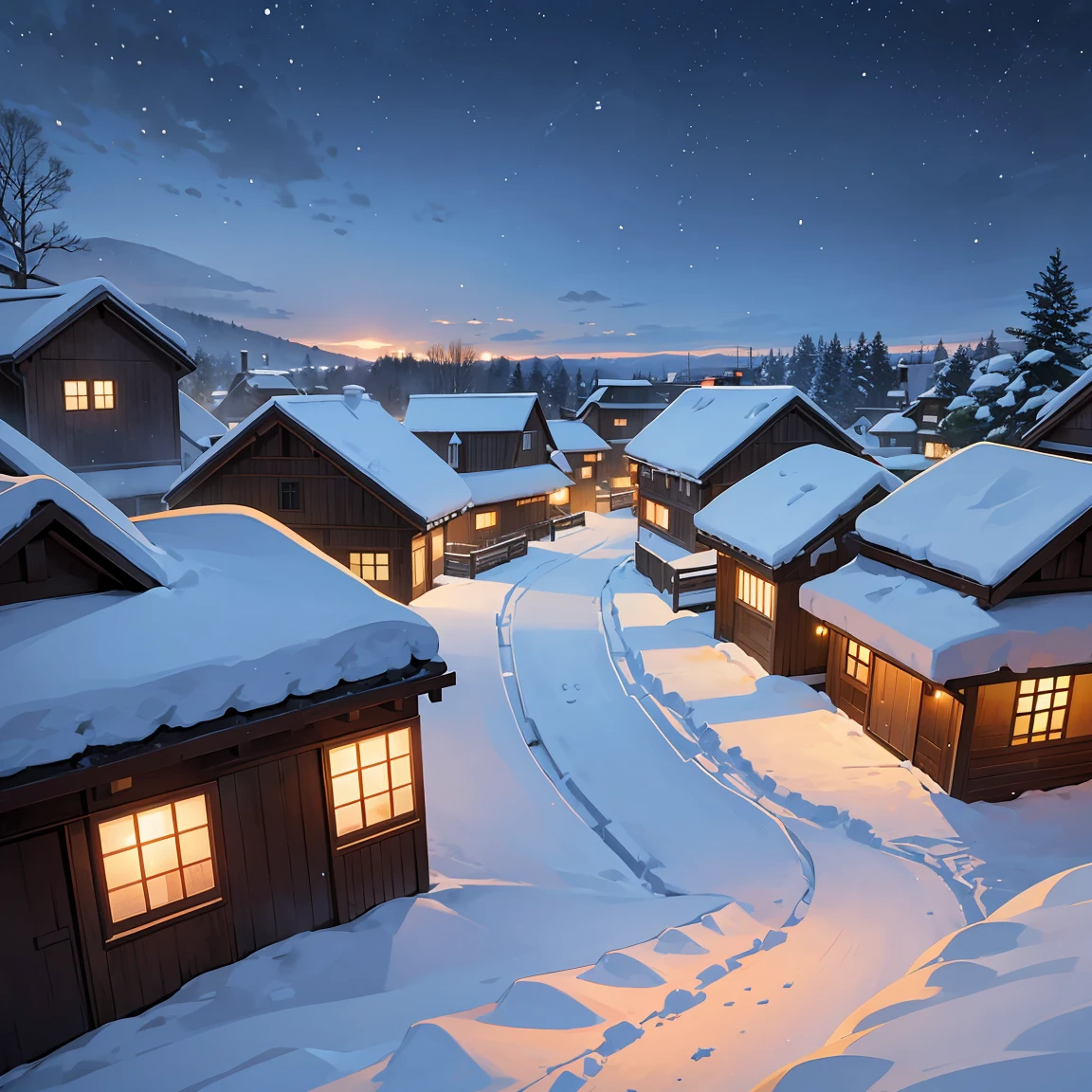 Snow-covered village in winter, snow falling from the sky, evening