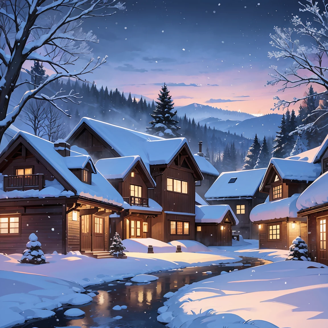 Snow-covered village in winter, snow falling from the sky, evening