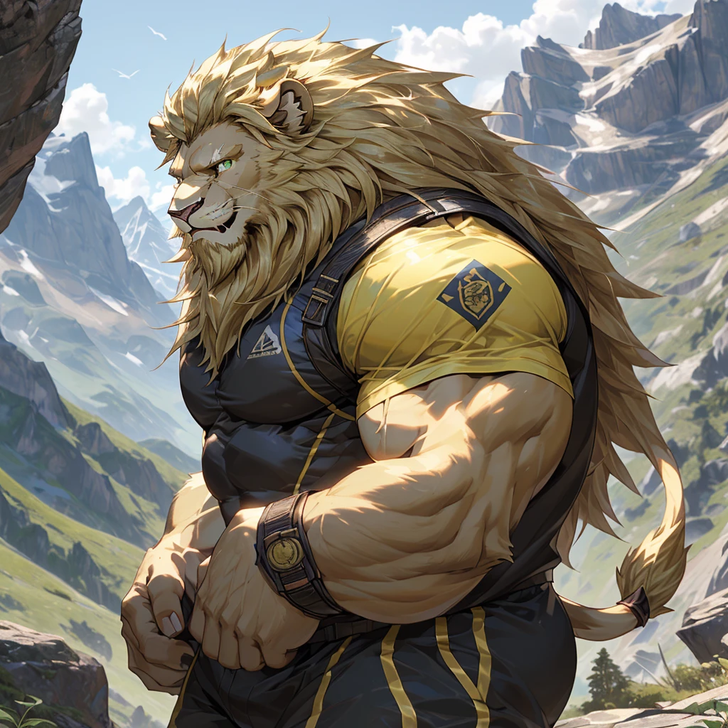 (best quality,4K,8K,high resolution,masterpiece:1.2),Extremely detailed,(Practical,photoPractical,photo-Practical:1.37),lion, male, Long blond mane, Blonde chin beard, Green Eyes, Muscular body, Tight sportswear, Hiking in the mountains, Smiling and looking at the scenery, Vibrant colors, Golden fur