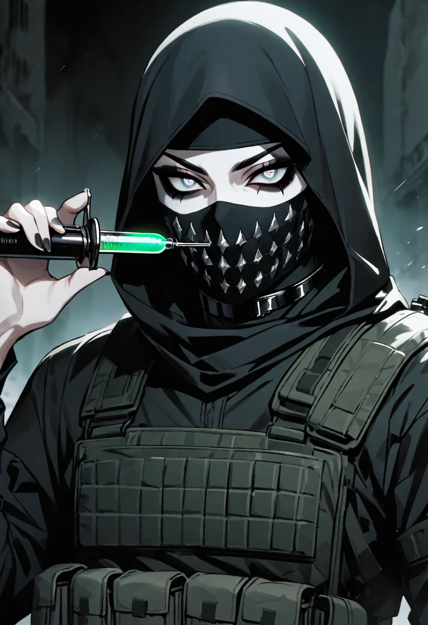 Male arab modern terrorist, terrorist, black balaclava, full white eyes, black clothes, thin waist, makeup, black eyeliner, big eyelashes, black eyeshadow, metal choker, pale skin, holding a syringe