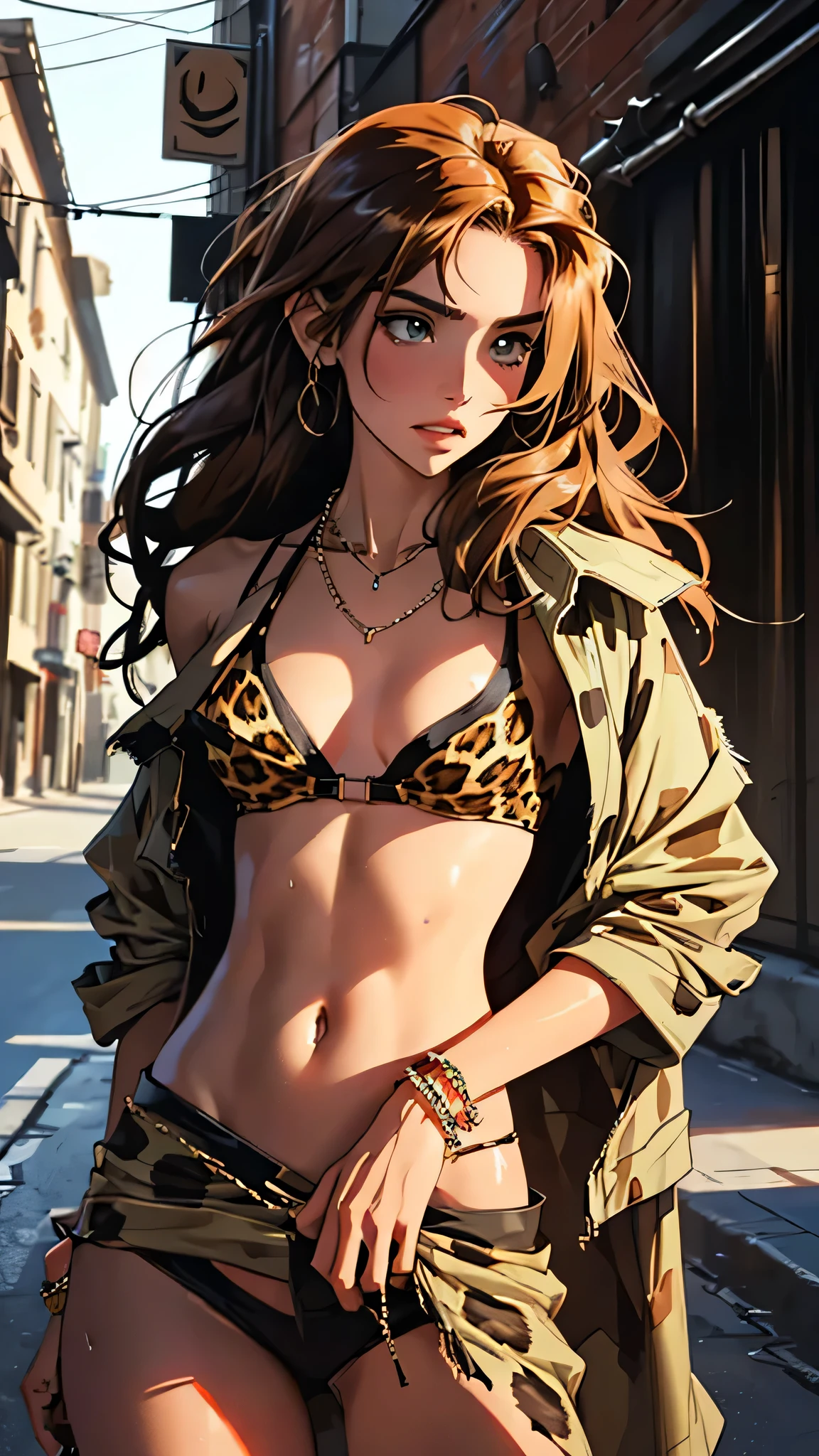 （lifelike， high - resolution：1.3）， 1 girl with a perfect body，slender body, Super fine face and eyes，assasin, dark makeup, shiny skin， light brown hair, (toned stomach)，Expose cleavage, (bracelets, tooth jewelry, a lot of necklaces, very long necklaces, necklaces down to stomach, body chains, waist chains), (post apocalyptic future, jungle wasteland. torn clothes, torn to shreds leopard print dress), (wet skin, shiny skin), large breasts