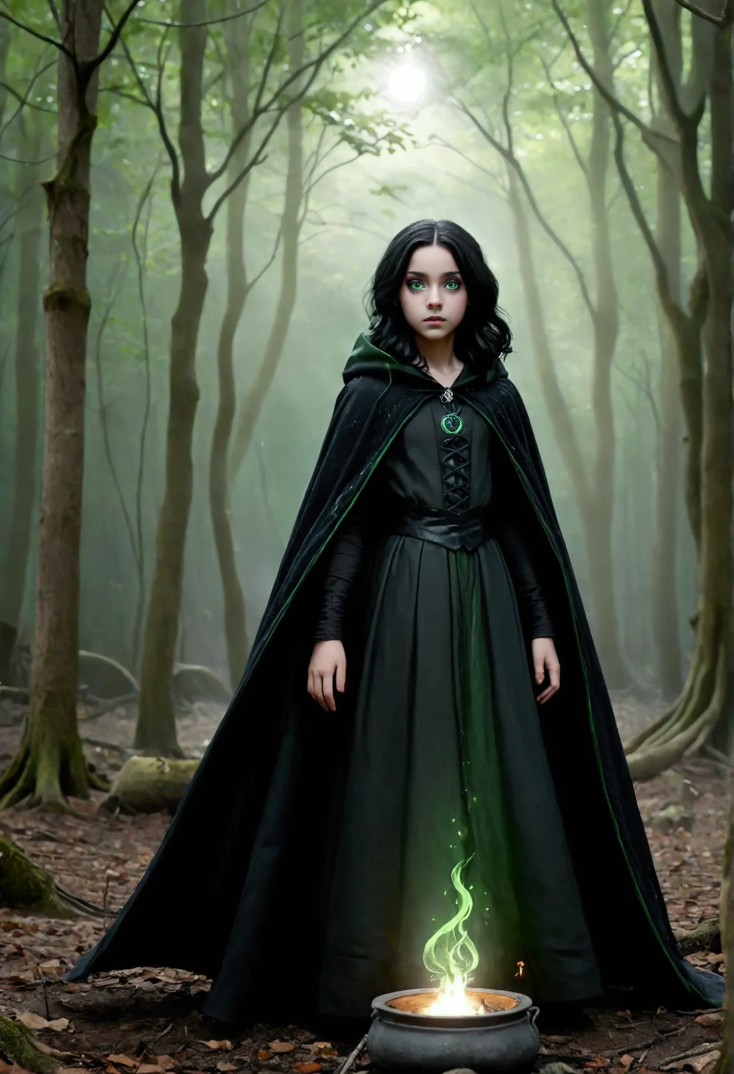 Create an image of a Ultra realistic girl , daughter of severus snape , black hair, green eyes ,(((13years old))),witch performi...
