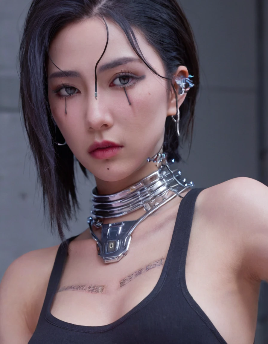 A stunning 4K 照片-realistic image of a cyberpunk demi-human girl with an Asian face. 她的脸上装饰着复杂的机器植入物, 包括一个遮住她眼睛的光滑银色护目镜, 只露出一条小缝隙供人观察. 这些植入物使她的感官输入和与她的控制论系统的通信成为可能.

她的皮肤很苍白, 身上的伤疤清晰可见，讲述着她过去经历的战斗，她的肉体与植入物的冰冷金属接触处有一条淡淡的线. 接缝几乎看不出来, 表明她的有机部件和机械部件之间的结合十分熟练。.

她的头发是黑色的, 以一种激进而又时尚的方式出现. 小型 LED 灯集成到灯串中, 闪烁着各种颜色来配合她的心情. 头发是亮点, 体现了她的叛逆精神. 图像的整体氛围令人着迷, 照片