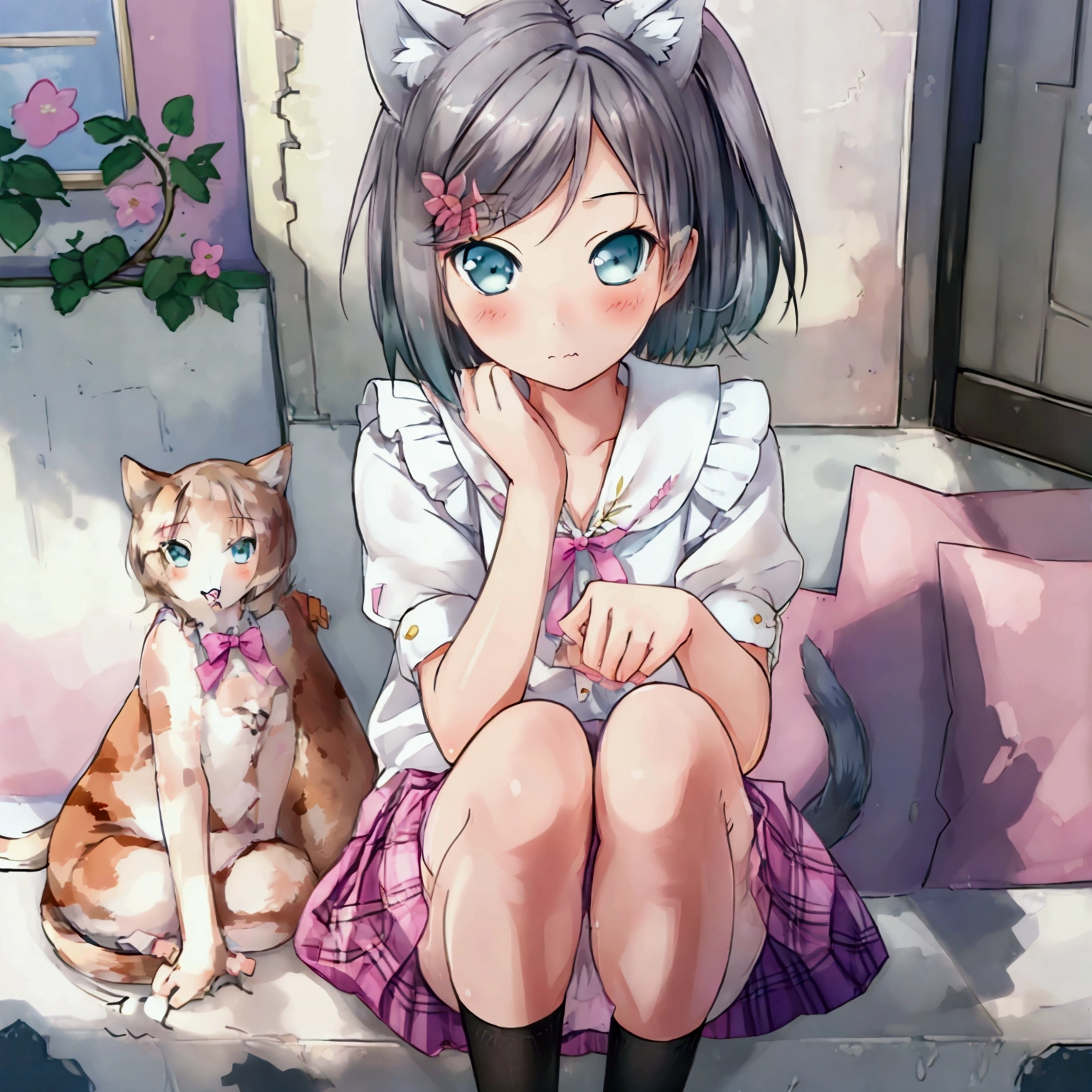 ((masterpiece)), (best quality), (ultra-detailed), (beautiful illustration), outdoor, flower garden, sakura, tsutsukakushi tsukiko,grey hair,short hair,aqua eyes,side ponytail, sleeveless, white shirt,pink plaid skirt,black legwear, solo, cat_ears, blush, face focus, face close-up, cat_hand_pose, poker face, ((hugging knees, knees raised)), armpit,