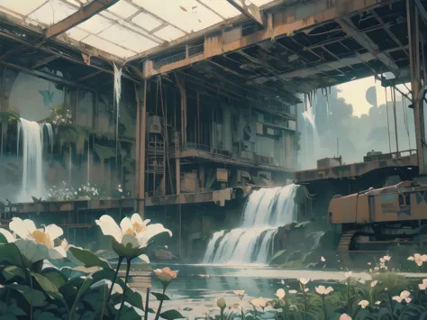 (((masterpiece, top quality))), (((32k wallpaper))), detailed machinery, abandoned factory, atrium, (((white flower field))), ((...