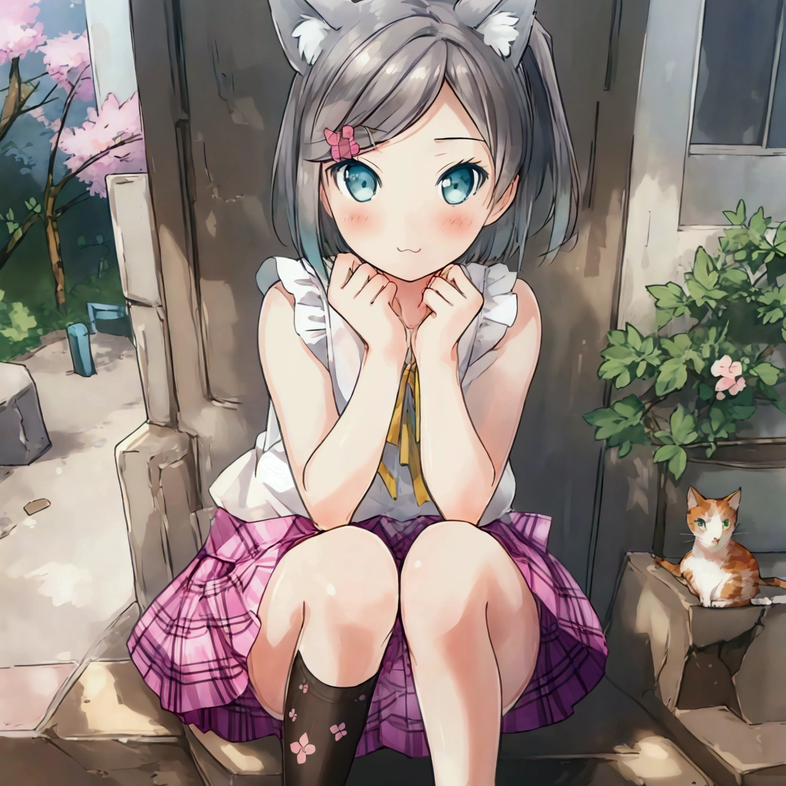 ((masterpiece)), (best quality), (ultra-detailed), (beautiful illustration), outdoor, flower garden, sakura, tsutsukakushi tsukiko,grey hair,short hair,aqua eyes,side ponytail, sleeveless, white shirt,pink plaid skirt,black legwear, solo, cat_ears, blush, face focus, face close-up, cat_hand_pose, poker face, ((hugging knees, knees raised)), armpit