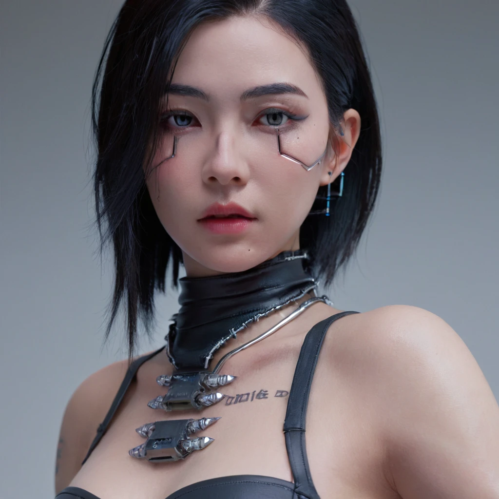 A stunning 4K 写真-realistic image of a cyberpunk demi-human girl with an Asian face. 彼女の顔は複雑な機械インプラントで飾られている, 目を覆う光沢のある銀色のバイザーを含む, 視界のための小さな隙間だけを露出させる. これらのインプラントは、彼女のサイバネティックシステムとの高度な感覚入力と通信を可能にする。.

彼女の肌は青白い, 過去の戦いを物語る目に見える傷跡と、インプラントの冷たい金属と肉が接する部分のかすかな線。. 継ぎ目はほとんど目立ちません, 彼女の有機的要素と機械的要素の巧みな統合を示す.

彼女の髪は黒い, 攻撃的でありながらスタイリッシュな方法でスパイクアップ. 小さなLEDライトがストランドに組み込まれています, 彼女の気分に合わせて様々な色が点滅する. 髪型はステートメントピース, 彼女の反抗的な精神を反映して. 画像全体の雰囲気が魅力的です, 写真, 彼女の体には皮膚の下に機械的なインプラントが埋め込まれている, サイボーグアーム,  彼女の顔に埋め込まれたサイバーウェアの線