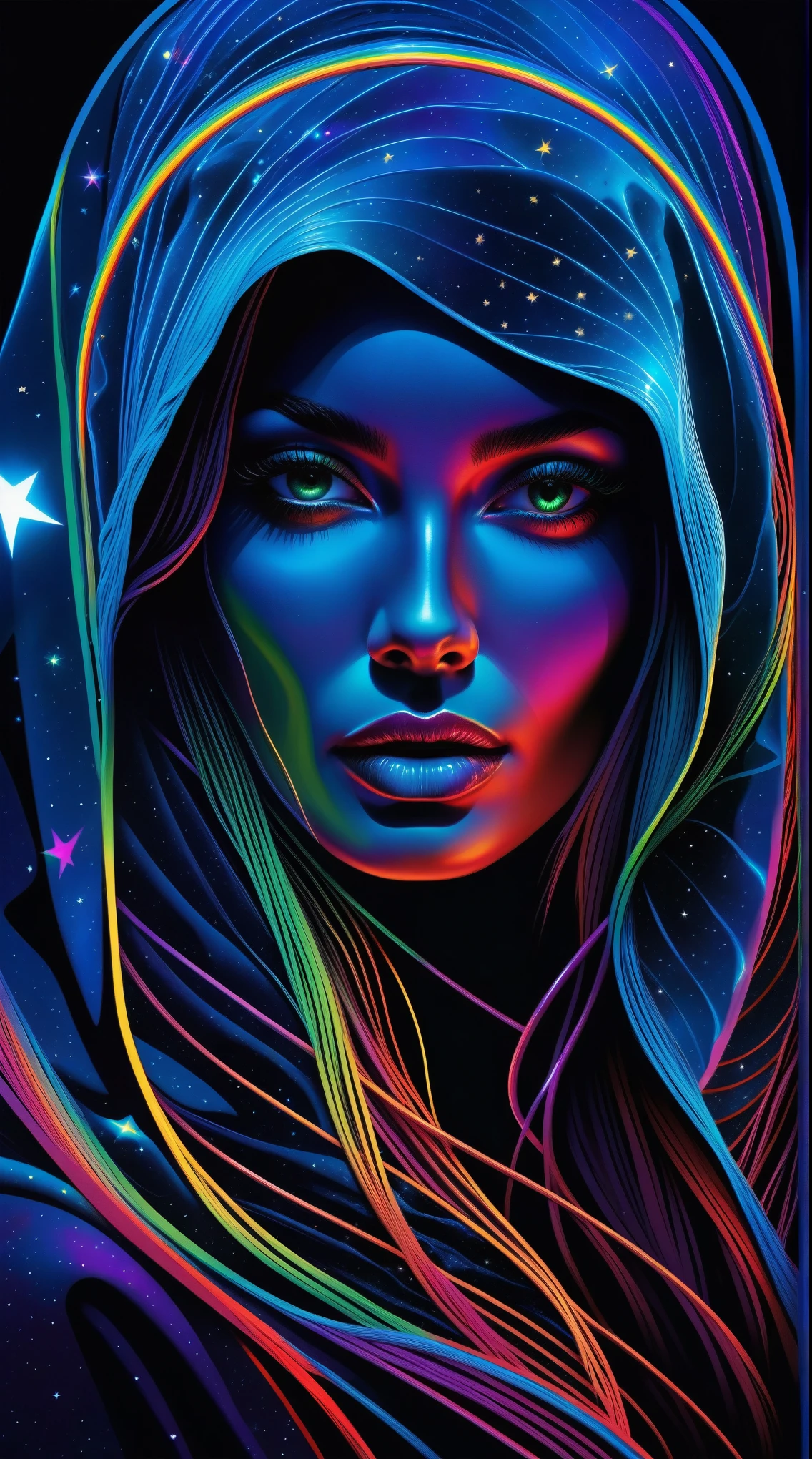 cartoon style, work of art, best qualityer, ultra high resolution, extremely detaild, (psychedelic art:1.4), Woman, veil, visually stunning, comely, award-winning illustration, cosmic space background, ethereal atmosphere, ultra quality, comely girl, cosmic concept, rainbow strings, rainbow skin, bloody rainbow veins growing and intertwining in the darkness, nailed wire, oozing thick blue blood, crisp neon, veins growing and pumping blood, vascular networks growing, green veins all over, Yin e Yang, bright space, shining stars, infinity symbol