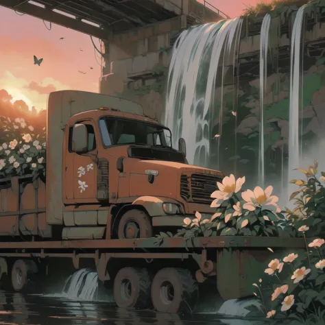 (((masterpiece, top quality))), (((32k wallpaper))), detailed machinery, abandoned factory, stairwell, (((white flower field))),...