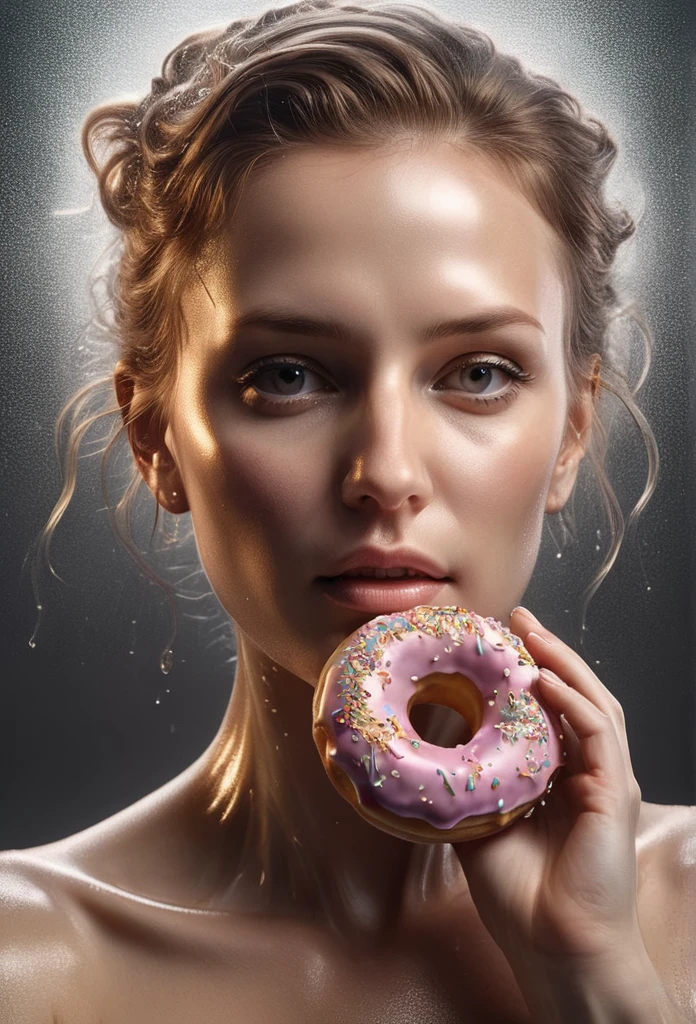 (mercury composed of one woman eats a donut :1.7) rising from a puddle of liquid mercury, extremely shiny, smooth surface texture, polished surface, reflective, 45 degrees angle from the front, tesselation ral-chrome, (donut in mouth), Photorealistic, Hyperrealistic, Hyperdetailed, analog style, detailed skin, matte skin, soft lighting, subsurface scattering, realistic, heavy shadow, masterpiece, best quality, ultra realistic, 8k, golden ratio, Intricate, High Detail, film photography, soft focus