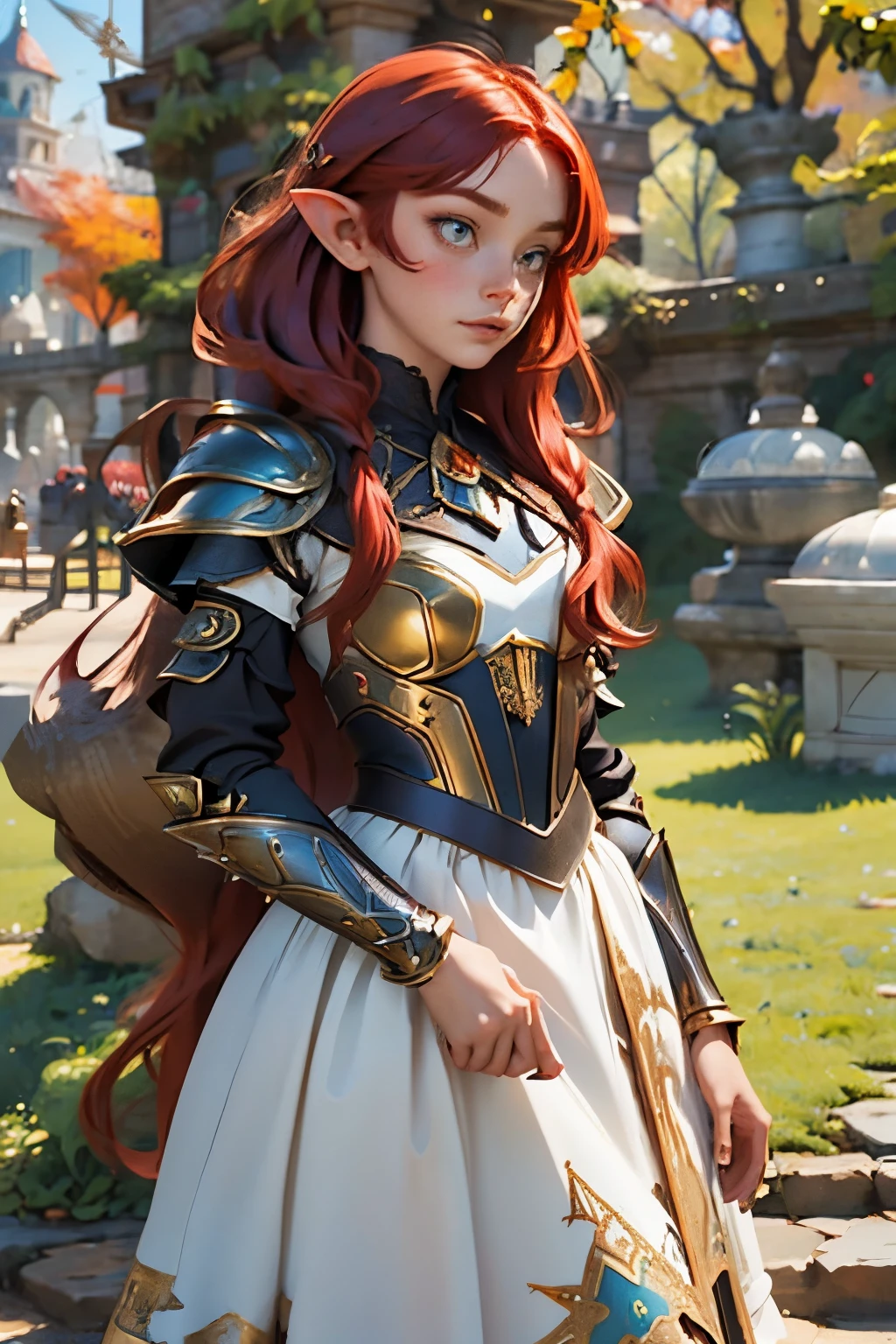 1 elf female,long silky red hair in braids,orelhas pontudas,olhos azuis, thin lips,rosto redondo,seios enormes, quadris largos,wearing light elven battle armor and always with a thin-bladed sword in his hands.estilo coquete e melindrosa,((red hair))